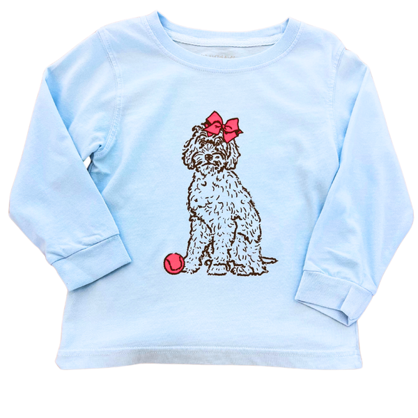 LS Light Blue Doodle Dog with Bow T-Shirt