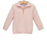 Pink quilted jacket on a hanger with a white background