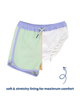 Boys Periwinkle, Green, & Ginger Dolphin Hem Swim Trunks