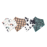 Four patterned bandana bibs in different designs on a white background