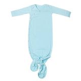 A light blue long-sleeve baby knotted gown with side snap closures, laid flat on a white background.