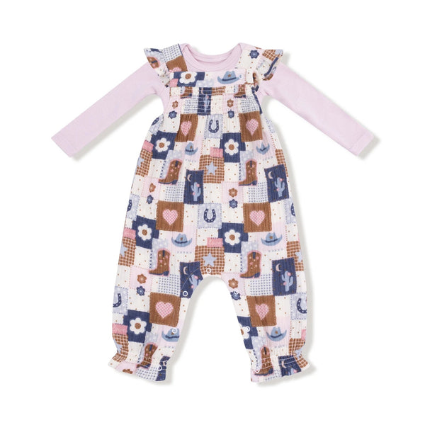 Patchwork Cowgirl - Smocked Overall and Ribbed Bodysuit