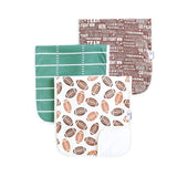 Three burp cloths with a football theme, displayed in a fan arrangement on a white background. The top sheet features a brown and gray 'GO FIGHT WIN TEAM' word cloud pattern, the middle sheet is green with white stripes, and the bottom sheet is white with brown footballs printed with the words 'GO FIGHT WIN TEAM'.