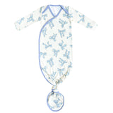 Baby knotted gown with blue bows pattern on a white background