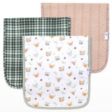 Three burp cloths with different patterns on a white background
