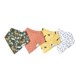 Four bandana bibs on white background.  One has moose and leaves, one with mountains, another with bees and finally trees.