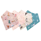 Set of four bibs with cowboy and horse designs on a white background
