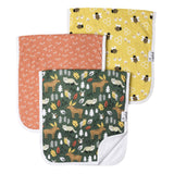 Three burp cloths with different patterns on a white background