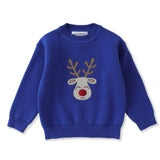 A royal blue long-sleeve knit sweater featuring a reindeer face with brown antlers and a red nose on the front, displayed against a solid white background.