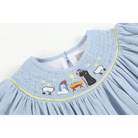 Light Blue Nativity Smocked Bishop Sleeve Dress