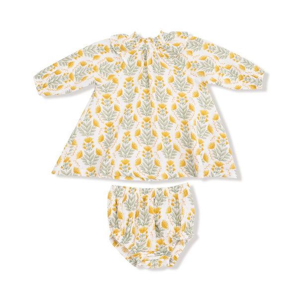 Winter Dandelions - L/S Ruffle Smocked  Neck Dress + Diaper Cover