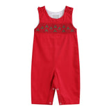 A baby's red sleeveless overall romper with green embroidered holiday motifs across the chest, displayed flat against a white background.