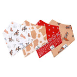 Set of four bandana bibs with cowboy-themed designs on a white background