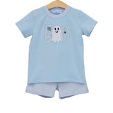Children's light blue outfit with ghost design on a white background