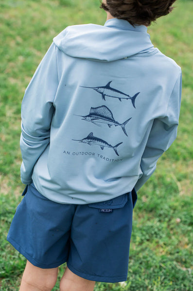 Pro Performance Hoodie in Blue Gray with Swordfish, Sailfish and Marlin