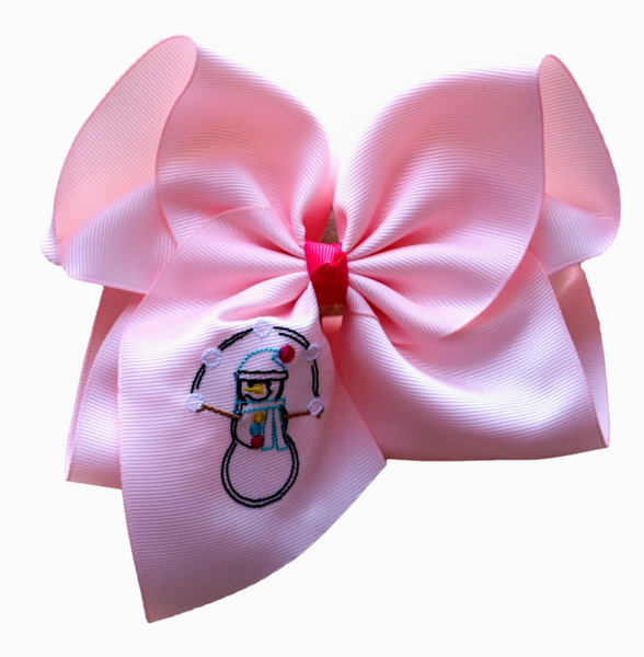 Pink Snowman Embroidered Bow