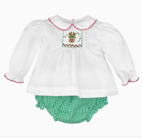 Girl Reindeer Smocked Diaper Set