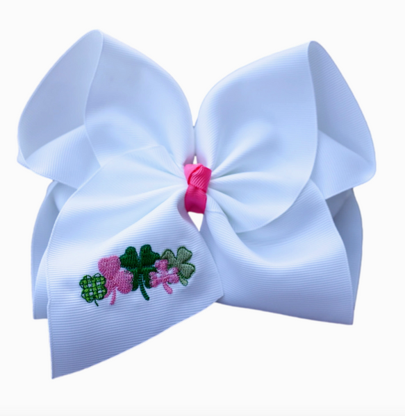 Pink and Green Clovers Embroidered Hair Bow