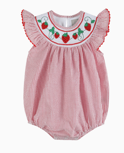 Red Seersucker Strawberry Smocked Romper