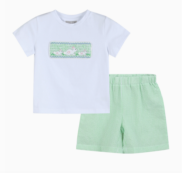 Green Seersucker Shorts and Easter Bunny Smocked Shirt Set