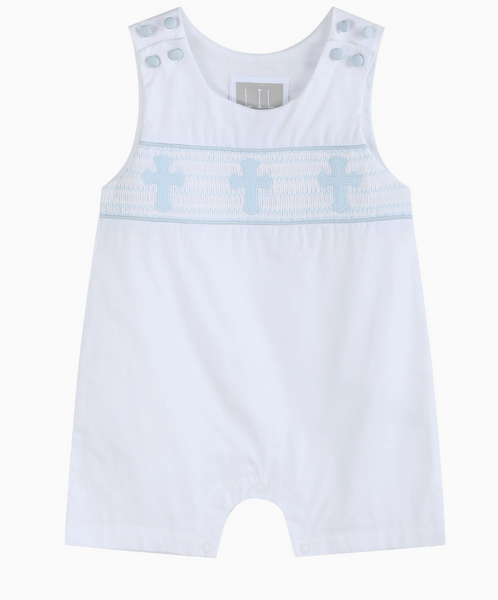 White and Blue Holy Crosses Smocked Overalls