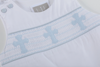 White and Blue Holy Crosses Smocked Overalls