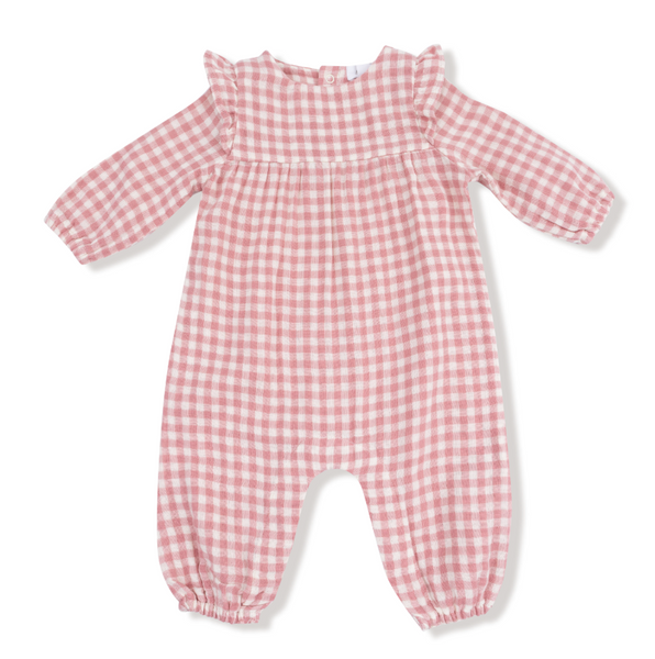 Rose Pink Plaid Ruffle Sleeve Romper