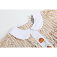 Light Brown Gingham Pumpkin Vine Ruffle Dress