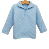 A light blue quilted long-sleeve quarter-zip pullover sweater displayed on a wooden hanger against a plain white background.