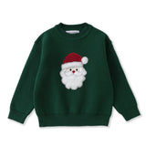 A dark green crewneck sweatshirt featuring a plush, embroidered Santa Claus face and hat patch on the chest, displayed against a solid white background.