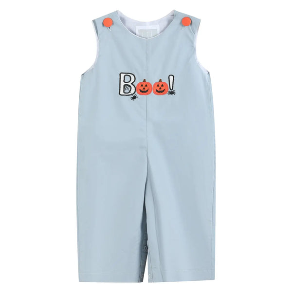 Light Gray 'boo' Applique Overalls