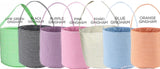 Seven woven gingham baskets in different colors are lined up side by side, each with its name printed above: Lime Green Gingham, Black Gingham, Purple Gingham, Pink Gingham, Khaki Gingham, Blue Gingham, and Orange Gingham.