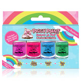 rainbow box containing 4 nail polish colors: purple, pink, blue and green. Box says non-toxic, odorless, water-based, dries hard nail polish. 