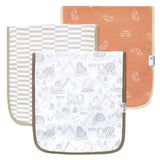Three burp cloths arranged overlapping on a white background. The front bib is white with gray construction vehicle illustrations and a brown border.