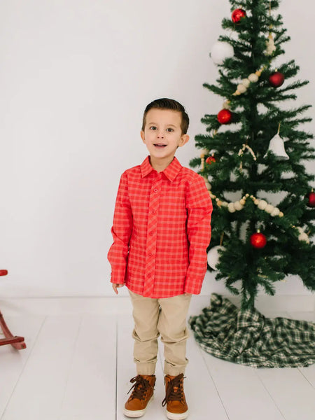 Boys Button Down in Red Picnic Plaid