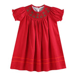 Red Corduroy Mistletoe Smocked Bishop Dress