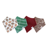 Four football-themed bandana bibs on a white background