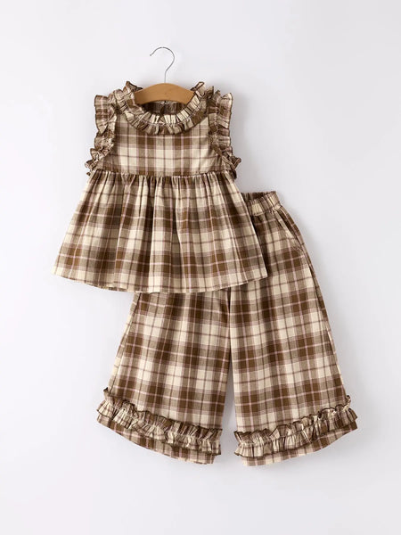 Girls' Coffee Pink Plaid Two-Piece Set