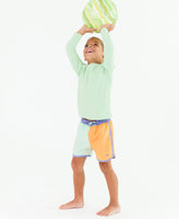 Boys Periwinkle, Green, & Ginger Dolphin Hem Swim Trunks