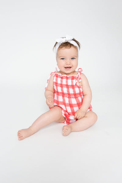 Painted Red Gingham Tie Strap Smocked Bubble