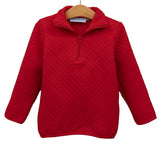 A red long-sleeve quilted quarter-zip pullover sweater hanging on a wooden hanger against a plain white background.