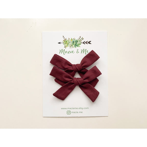 Wine Hand Tied Small Schoolgirl Bow Pigtail Set